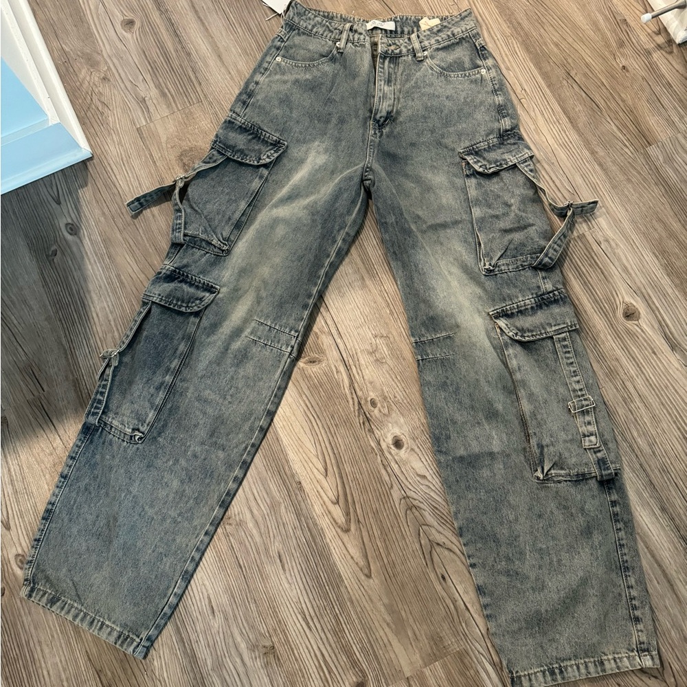 Washed denim cargo pants